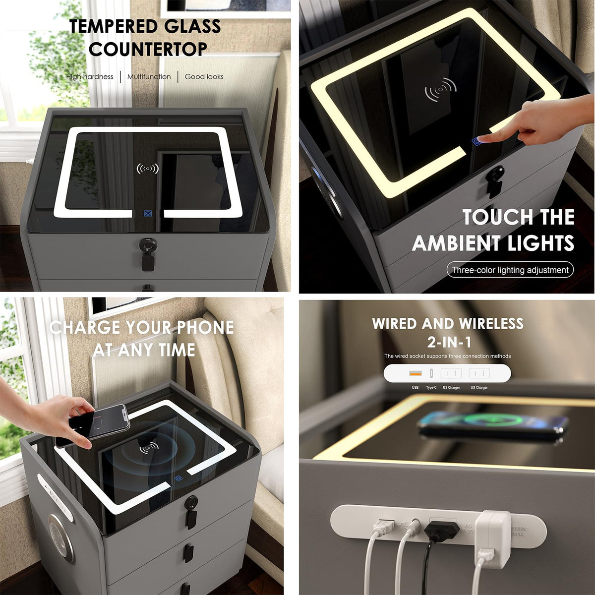 Wireless Charging Fingerprint Lock Nightstand Q248