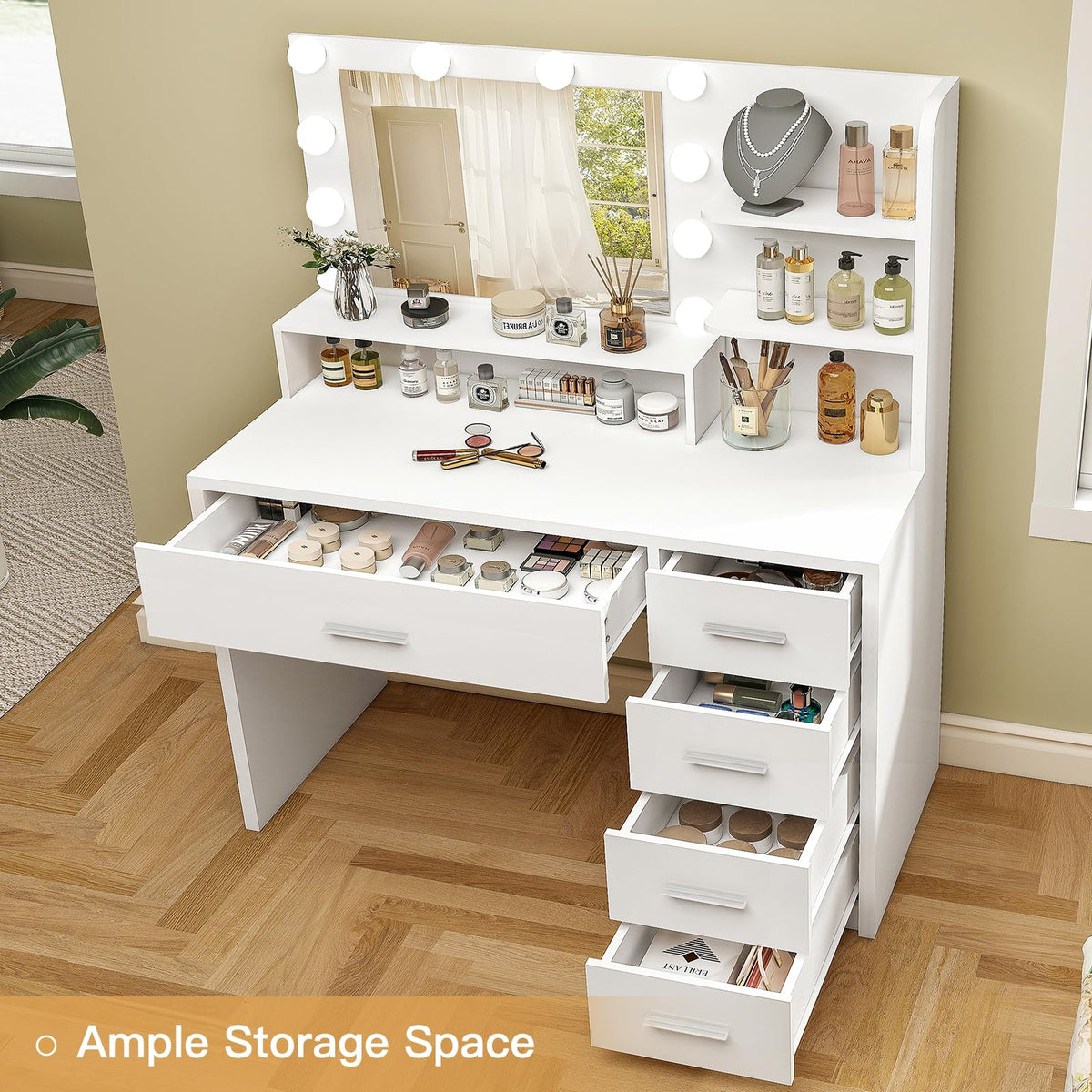 White Vanity Desk with Mirror & Lights, 5 Drawers & Storage Shelves D59728