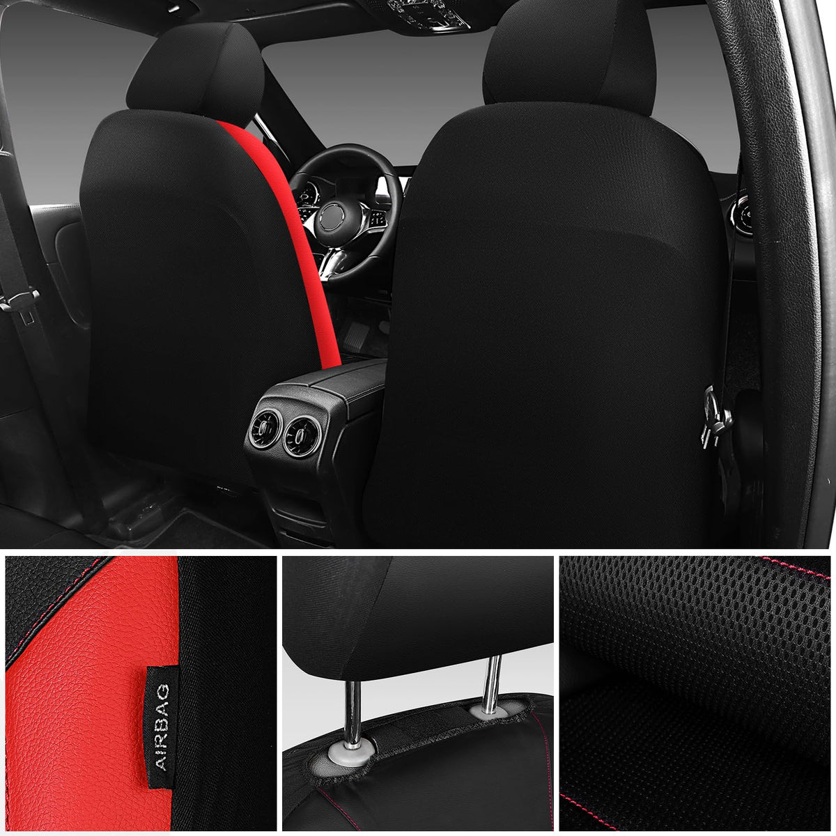Universal Leather Car Seat Covers Full Set Black Red N81049