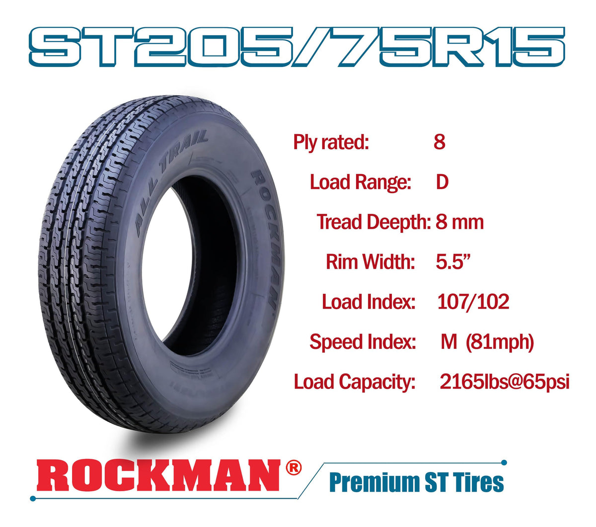 Trailer Tire Wheel ST205/75R15 8-Ply Silver Mod Rim M852137