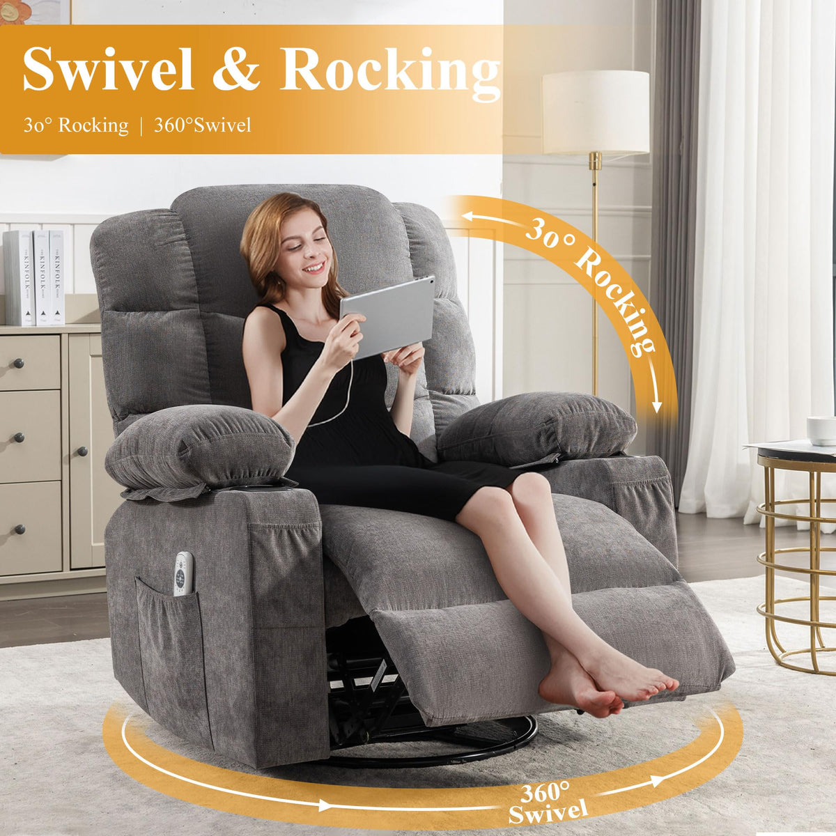 Swivel Rocker Recliner Chair with Massage and Heat S996