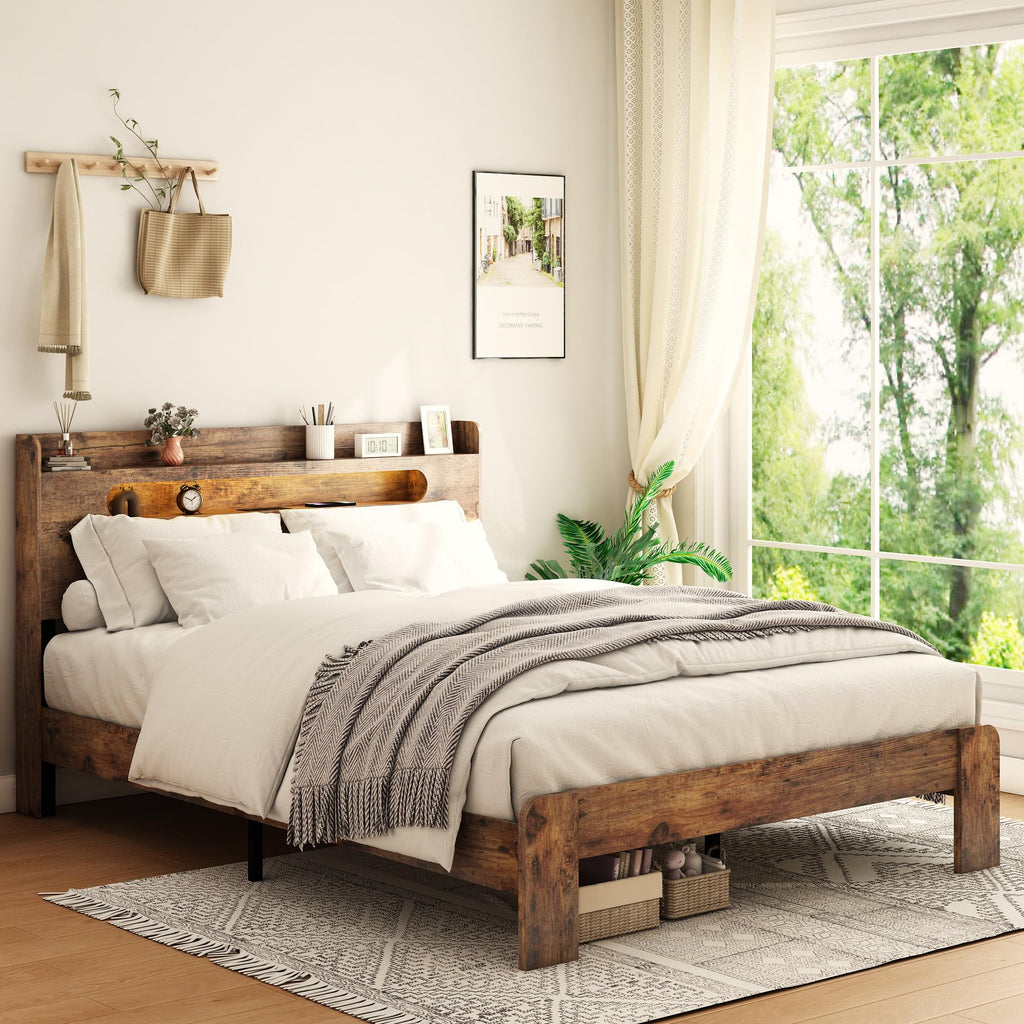 Wooden Full Bed Frame with Storage Headboard K136
