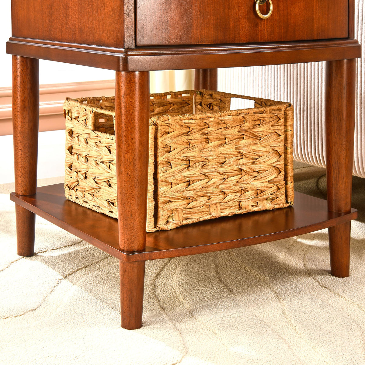 Large Cherry Wood 2-Tier Side Table with Drawer and Shelf Q87476