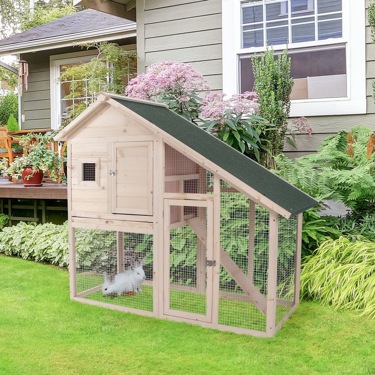 55" 2-Tier Wooden Rabbit Hutch with Ramp U96248
