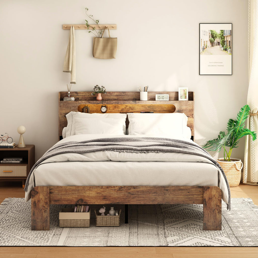 Wooden Full Bed Frame with Storage Headboard K136