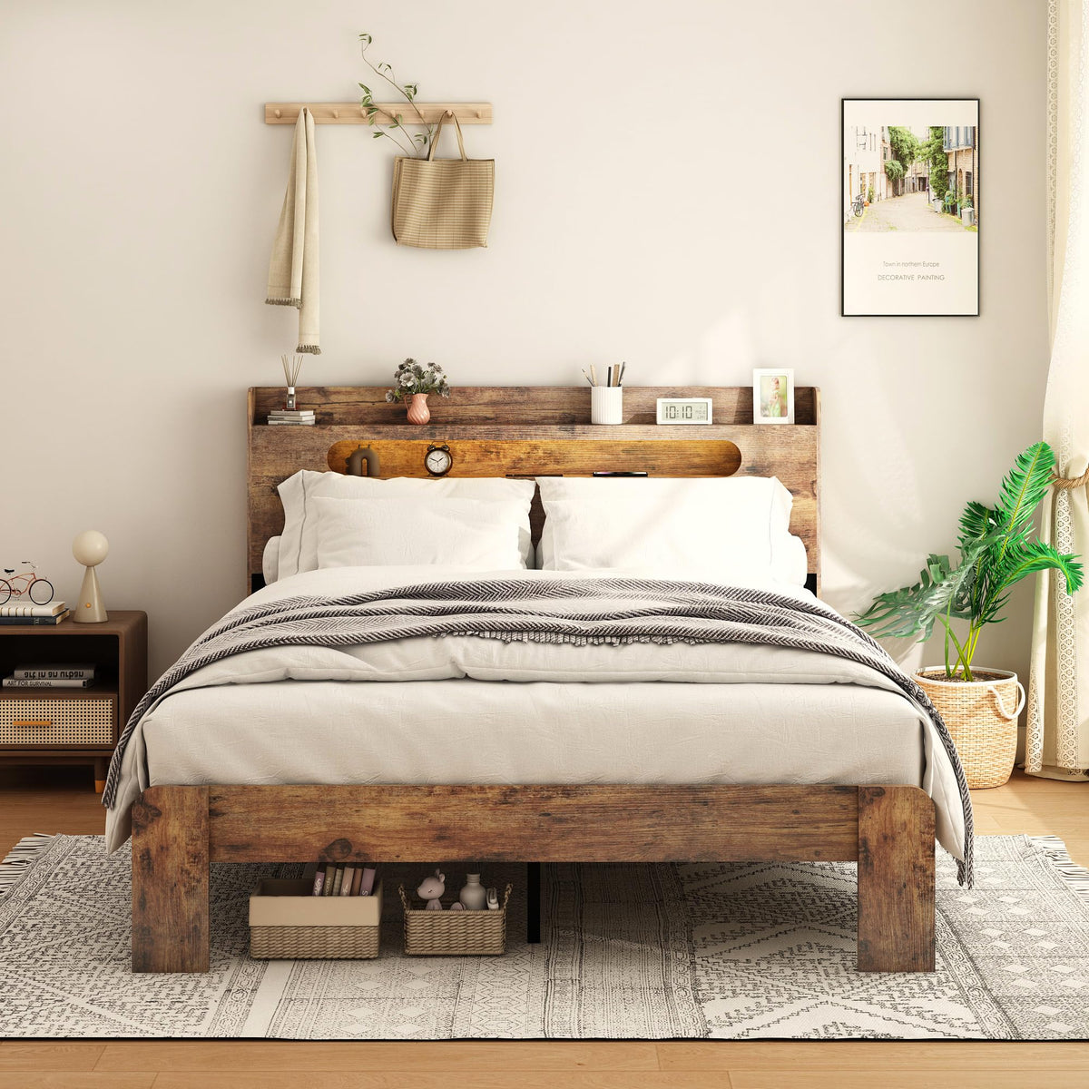 Wooden Full Bed Frame with Storage Headboard K136