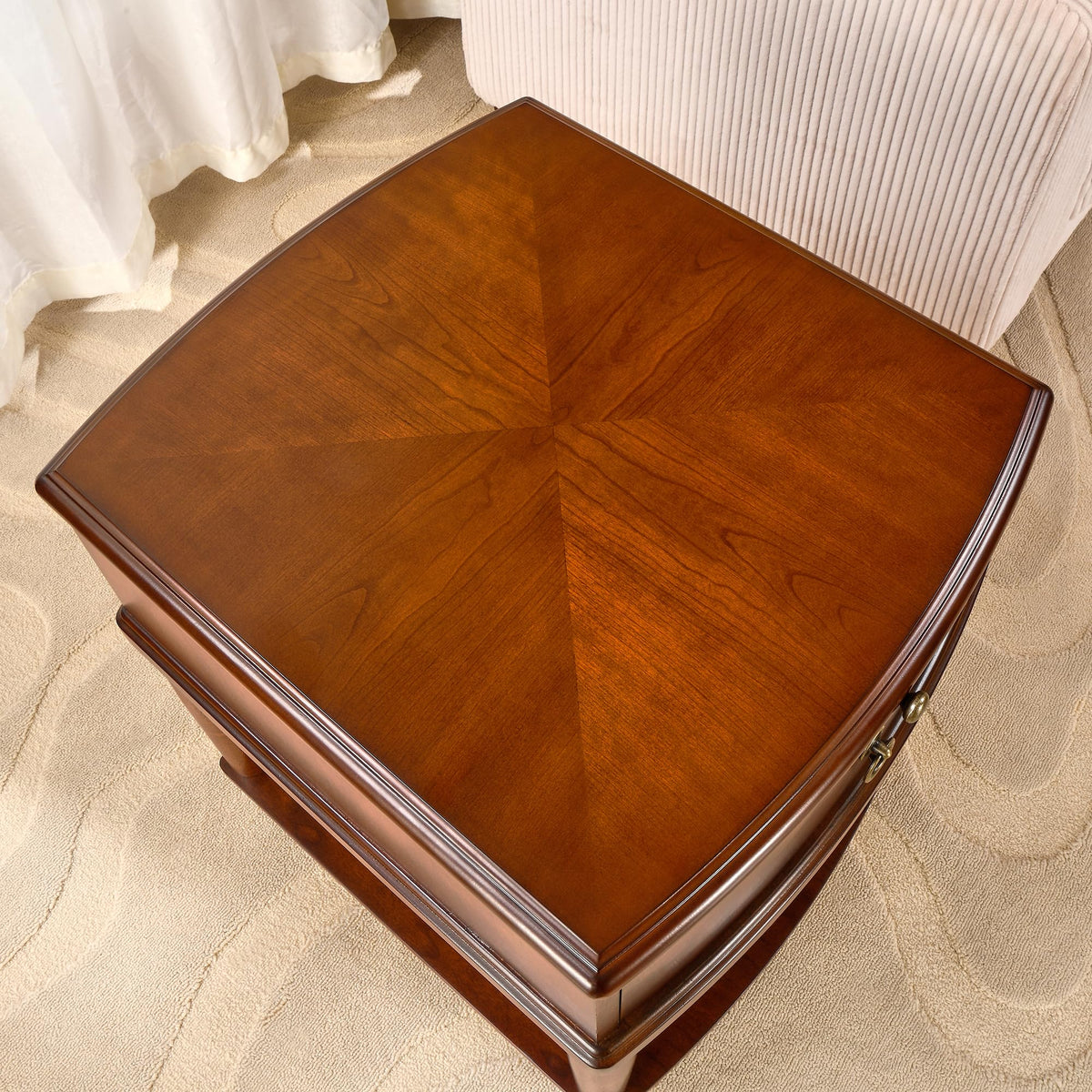 Large Cherry Wood 2-Tier Side Table with Drawer and Shelf Q87476