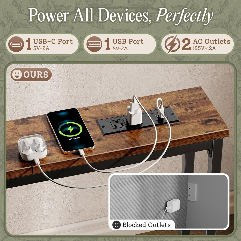 110.2 Inch Narrow Sofa Table with Power Outlets and USB-C Ports Q205