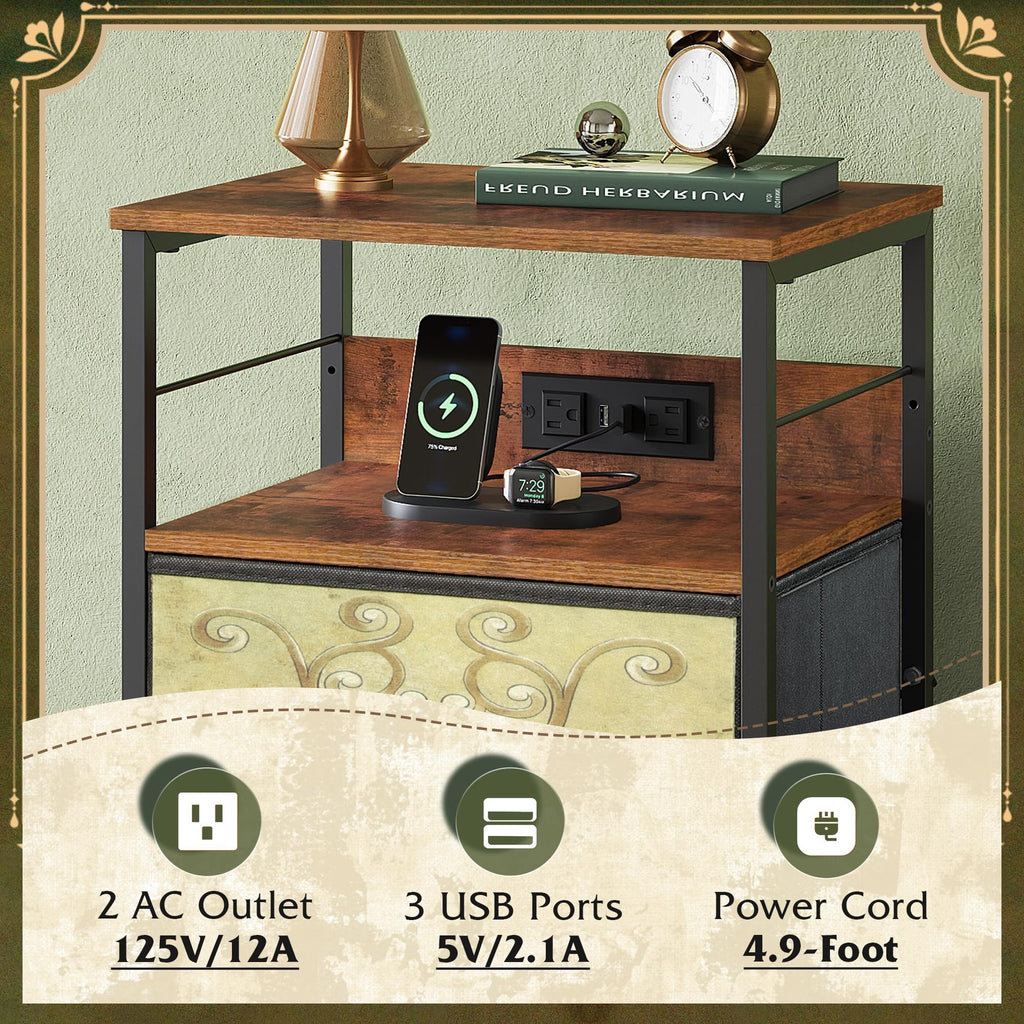 Night Stand with Charging Station, 3 Drawer Bedside Table Z4207