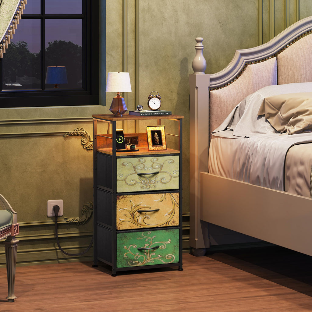 Night Stand with Charging Station, 3 Drawer Bedside Table Z4207